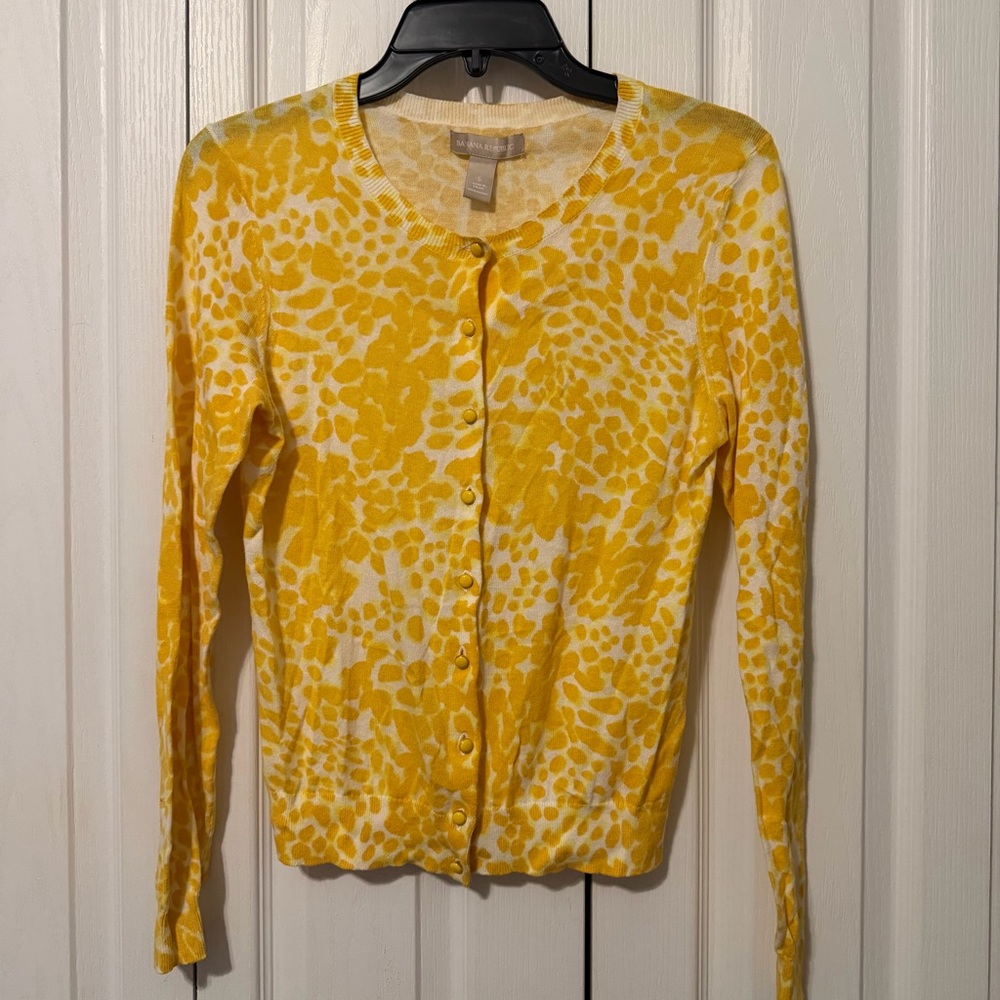 Banana Republic Yellow and White Patterned Cardigan Size Small